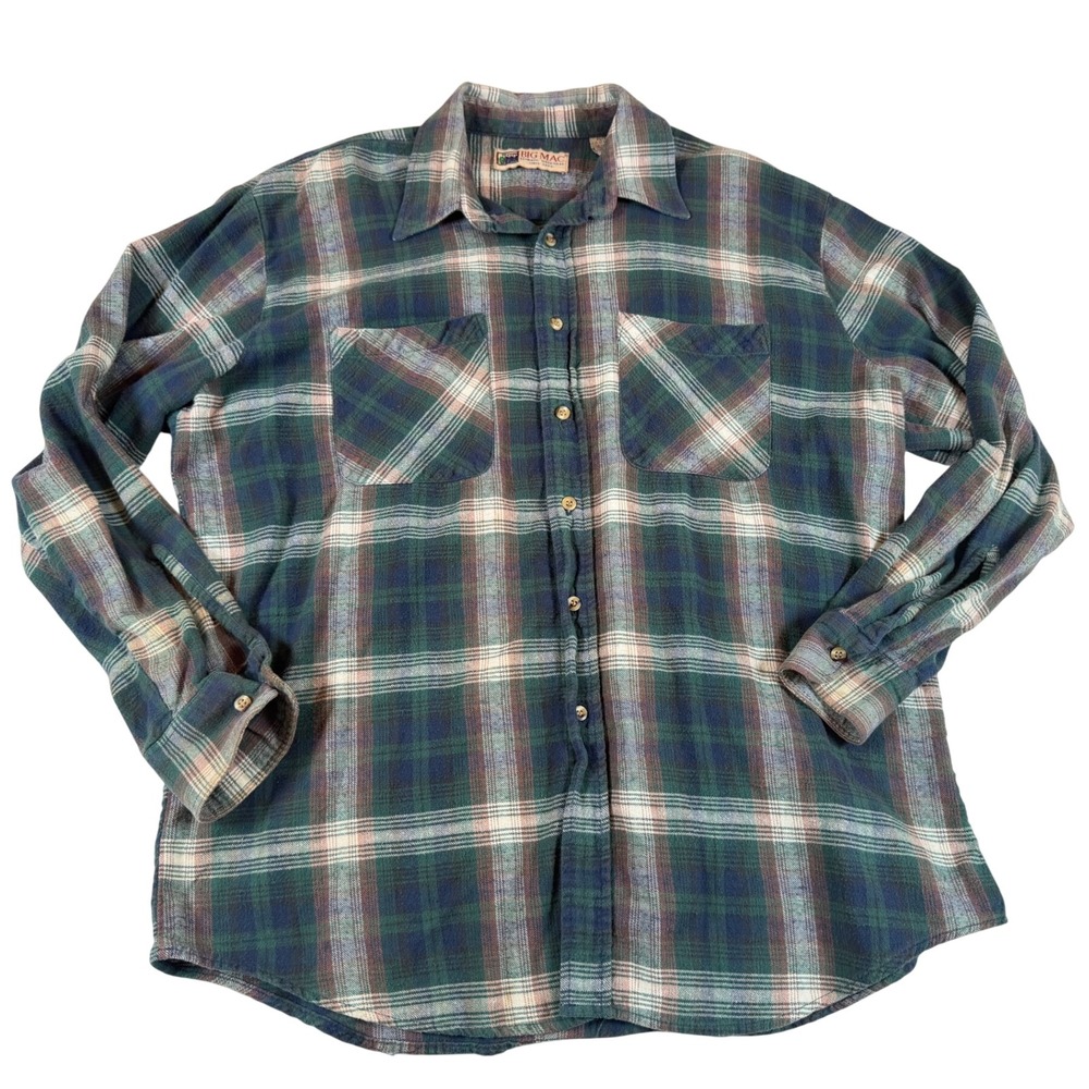 Vtg Big Mac Mens XL Flannel Shirt Green Blue Plaid Cotton Long Sleeve Workwear